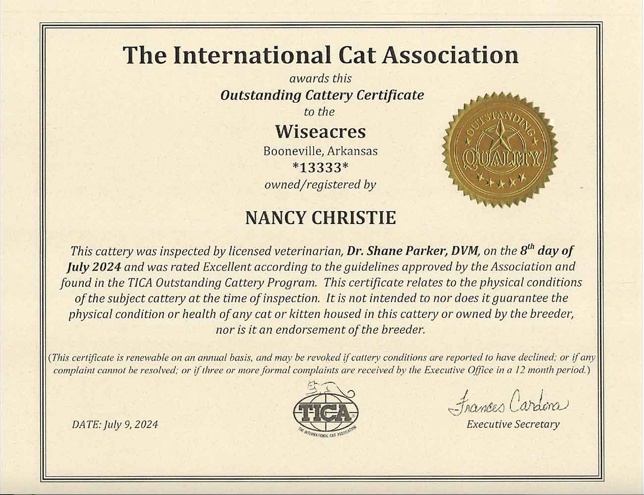 TICA Outstanding Cattery Certificate